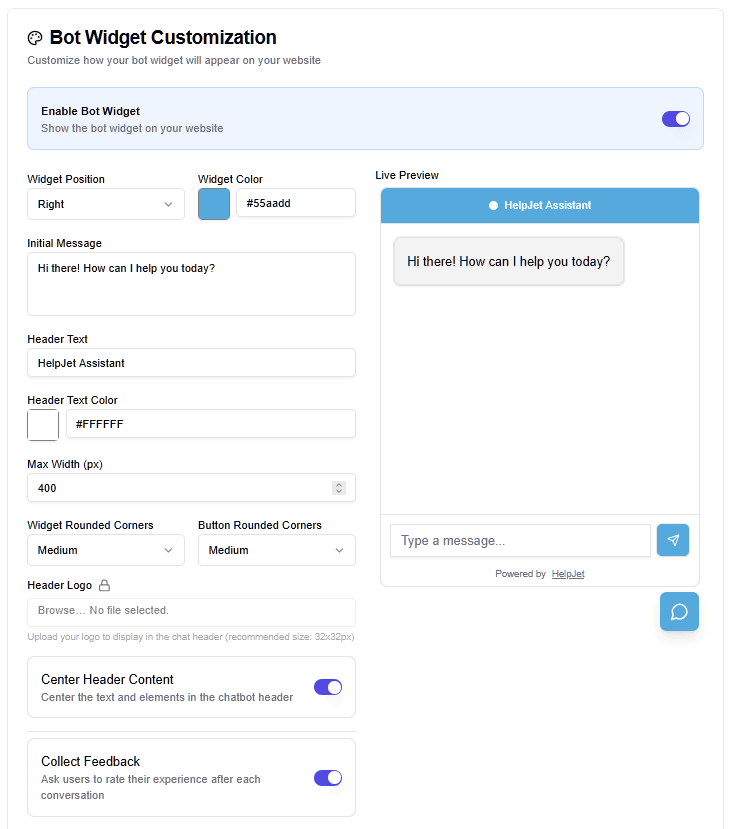 HelpJet AI chat widget customization