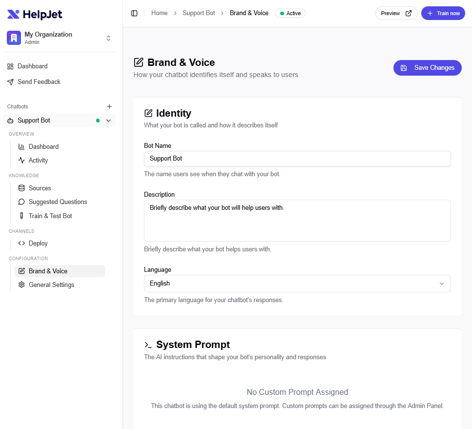 HelpJet AI chatbot Bot Persona and Behavior setting