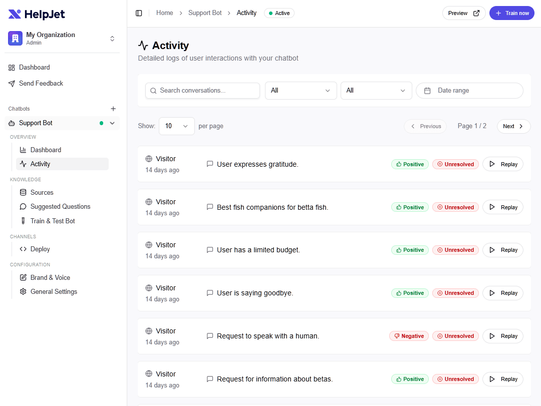 HelpJet activity log