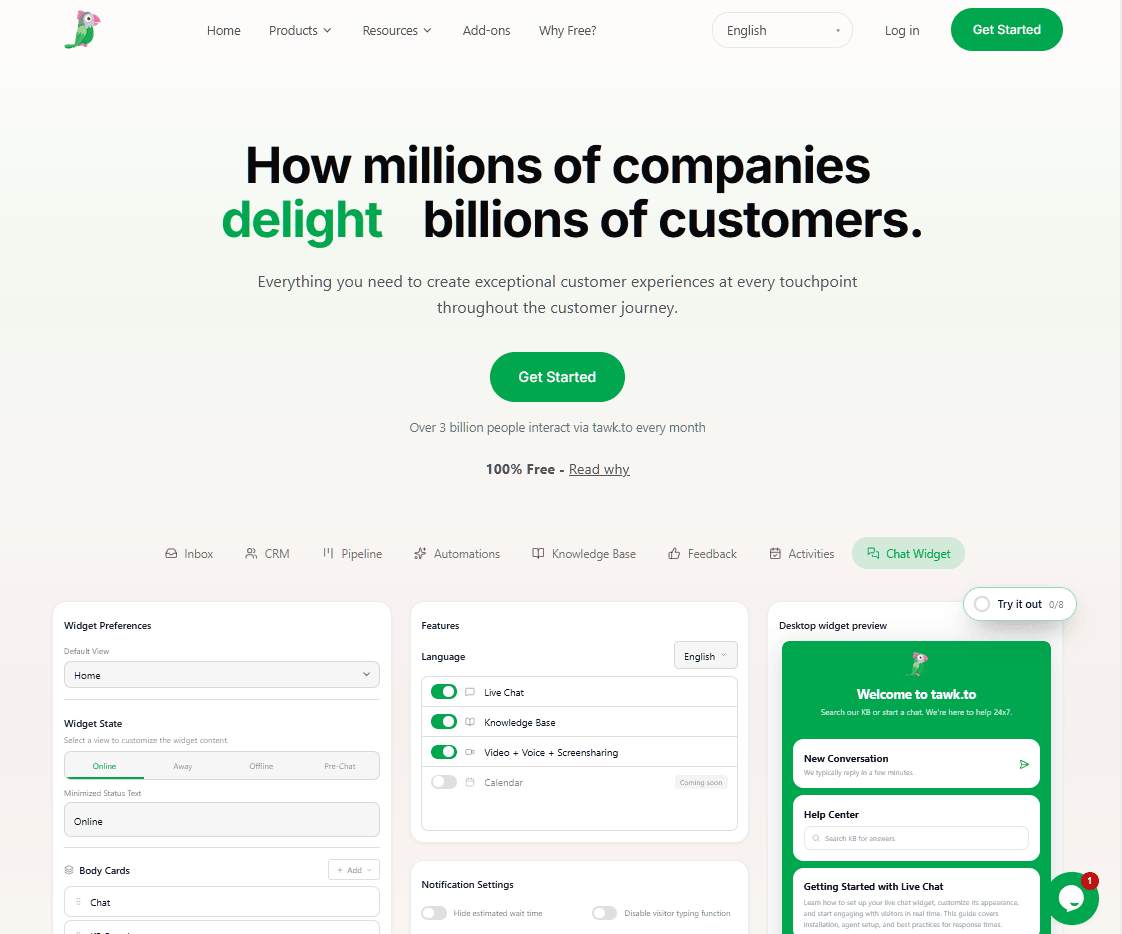tawk to free live chat for SaaS support