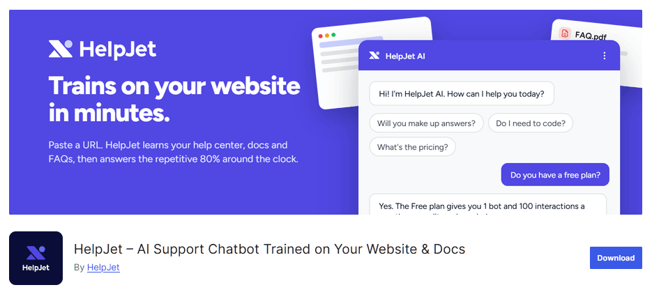HelpJet free AI chatbot for website